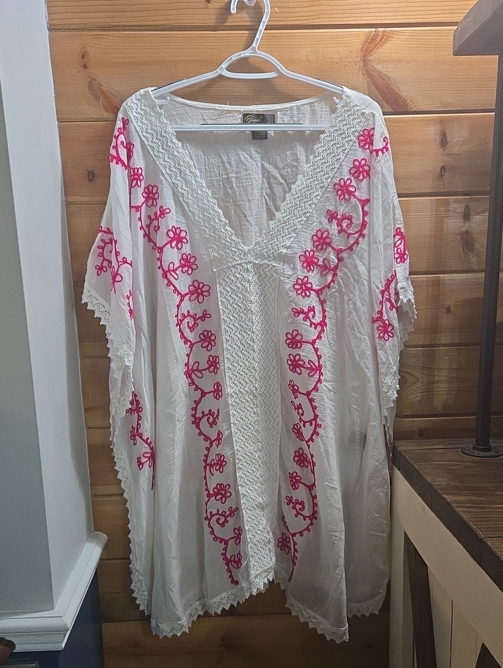 White Embroidered Beach Cover Up with Hot Pink Floral Trim 100% Cotton XL